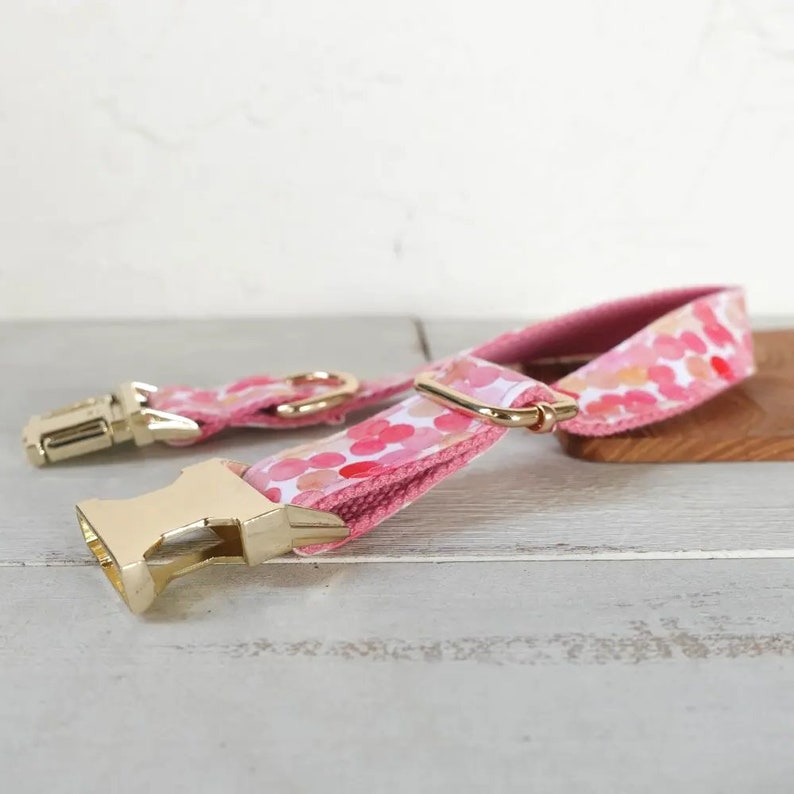 May include: A pink dog collar with a floral pattern and gold hardware. The collar has a buckle closure and a D-ring for attaching a leash.