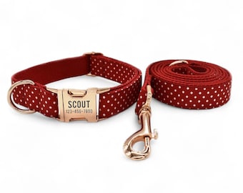 Rote Punkte Personalisiertes Hundehalsband & Leine - Hundehalsband und Leine mit Gravur Weiße Punkte - Rot Weißes Punkte Halsband und passende Fliege