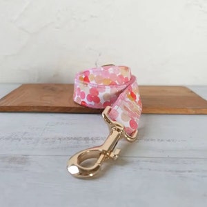 May include: A pink and white dog leash with a gold metal clip. The leash has a pattern of pink and white circles.