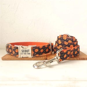 Op de afbeelding: Een zwart en oranje hondenhalsband en riemset met een pompoenpatroon. De halsband heeft een zilveren gesp met de naam "SCOUT" en het telefoonnummer "123-456-7890" erop gegraveerd.