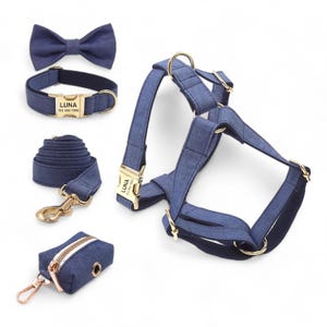 Puede incluir: Un conjunto de arnés, correa, collar, pajarita y porta bolsas para perros de mezclilla azul con herrajes dorados. El collar y el arnés tienen una etiqueta de nombre personalizada que dice "LUNA 123-456-7890".