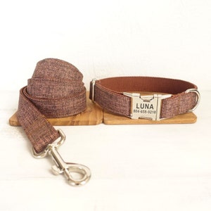 Dark Brown Tweed Personalized Dog Collar and Leash - Personalised Dog Collar and Leash - Brown Customised Dog Collar