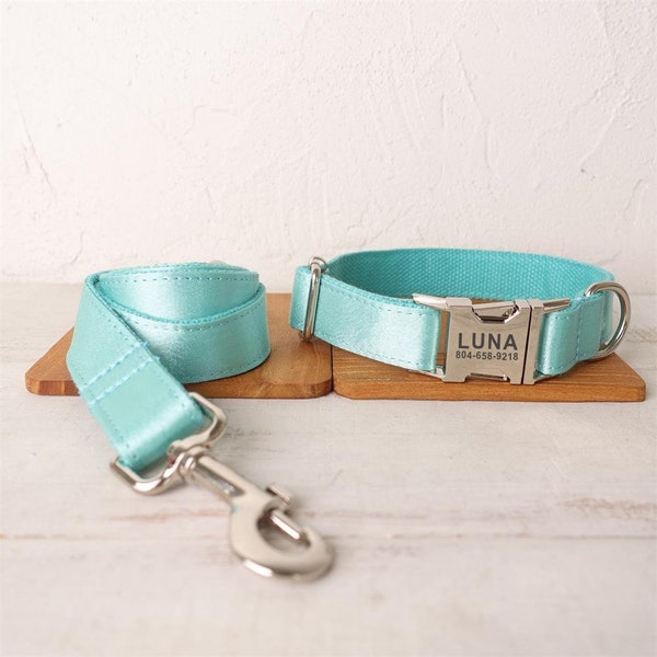 Shiny Teal Personalized Dog Collar and Leash - Personalised Dog Collar and Leash - Customised Dog Collar & Bow Tie