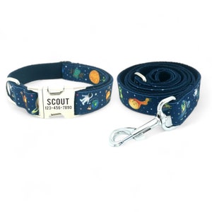Aliens Stars UFO Outer Space Personalized Dog Collar and Leash - Rockets Planets Astronaut Pet Collar - Cute Blue Adjustable Dog Collar Set