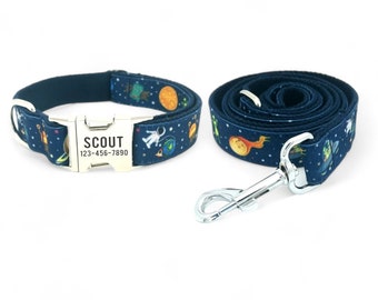 Aliens Sterne UFO Weltraum Personalisiertes Hundehalsband und Leine - Rockets Planets Astronaut Haustierhalsband - Süßes Blaues verstellbares Hundehalsband-Set