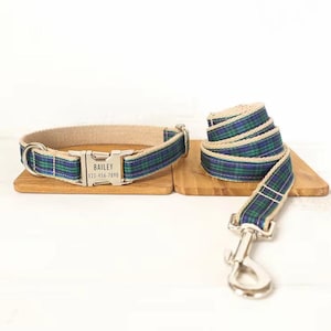Grün Tartan Karo personalisiertes Hundehalsband und Leine - Personalisiertes Hundehalsband und passende Leine - Grün & Blau Karo kariertes Jungen Hundehalsband
