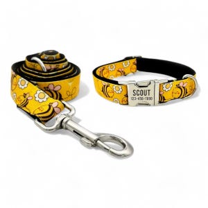 Bumblebee Dog Collar and Leash Set - Engraved Personalized Yellow Bees and Flowers Cute Dog Collar with Matching Leash - Bumble Bee Collar