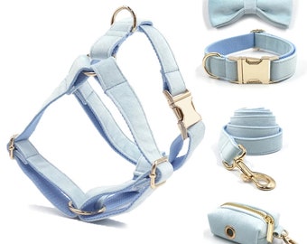 Personalized Light Blue Velvet Harness Collar Leash Bow Tie Set | Personalised Dog Harness with Leash | Matching Dog Collar Leash Harness