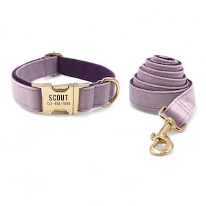 Purple Velvet Personalized Dog Collar and Leash | Lavender Engraved Dog Collar and Leash & Bow Tie | Customised Girl Dog Collar and Lead