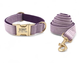 Purple Velvet Personalized Dog Collar and Leash | Lavender Engraved Dog Collar and Leash & Bow Tie | Customised Girl Dog Collar and Lead