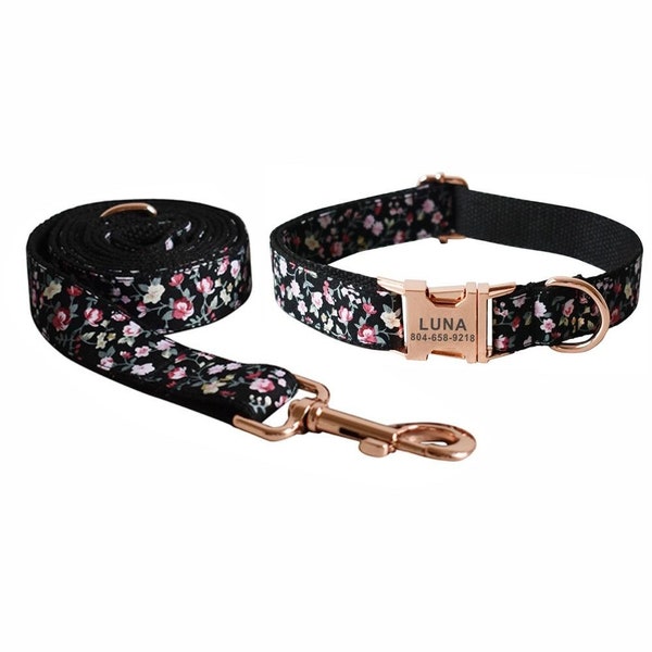 Flower Garden Zwarte gepersonaliseerde halsband en riem - Rozen Gepersonaliseerde halsband en riem - Bloemenhalsband en vlinderdas