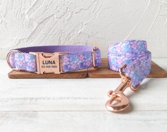 Purple Jellyfish Personalized Dog Collar and Leash - Engraved Dog Collar and Leash - Cute Girl Dog Collar & Bow Tie - Lavender Dog Collars