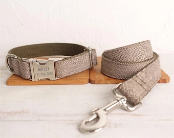Collar y correa personalizados de tweed en espiga marrón claro para perro - Collar y correa grabados - Collar de perro beige para traje con correa y pajarita