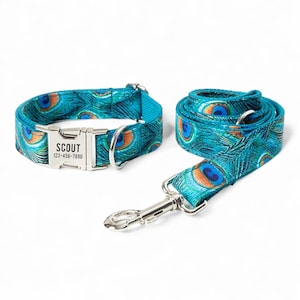 Peacock Feather Personalized Dog Collar & Leash - Personalised Dog Collar and Leash - Peacock Dog Collar and Bow Tie - Pretty Dog Collars
