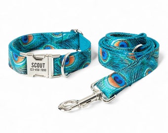 Peacock Feather Personalized Dog Collar & Leash - Personalised Dog Collar and Leash - Peacock Dog Collar and Bow Tie - Pretty Dog Collars