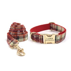 Weihnachten kariertes personalisiertes Hundehalsband und Leine - Weihnachtshundehalsband und -leine - kariertes Hundehalsband und Fliege - Weihnachtsstern-Hundehalsband