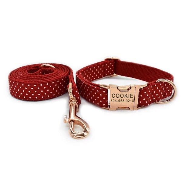 Red Polka Dot Personalized Dog Collar & Leash - Personalised Dog Collar and Leash - Polka Dot Customised Collar