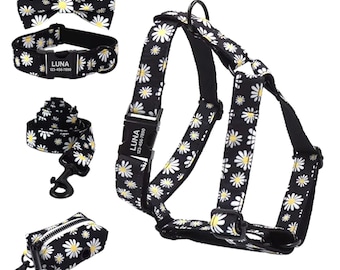 Personalized Daisies Harness Collar Leash Bow Tie Poo Bag Set | Personalised Dog Harness & Leash | Matching Daisy Dog Collar Leash Harness