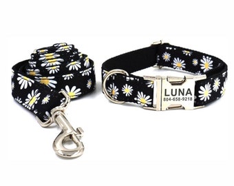 White Daisies Personalized Dog Collar and Leash - Floral Personalised Dog Collar & Leash - White Flowers Customised Dog Collar