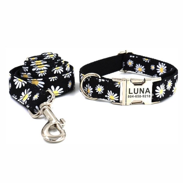 White Daisies Personalized Dog Collar and Leash - Floral Personalised Dog Collar & Leash - White Flowers Customised Dog Collar