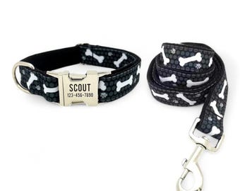 Dog Bones Personalized Dog Collar and Leash - Black Bones Dog Treats Collar and Lead - Engraved Dog Collar with Bones and Paw Footprints