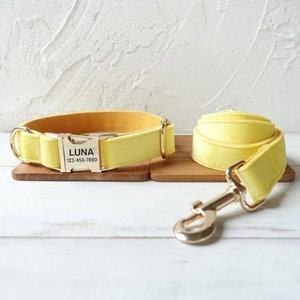 Lemon Yellow Velvet Personalized Dog Collar and Leash - Engraved Dog Collar and Lead - Soft Pastel Yellow Dog Collar and Matching Bow Tie