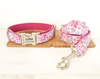 Rosa Blumen Personalisiertes Hundehalsband und Leine - Personalisiertes Hundehalsband & Leine - Rosa Blumen Hundehalsband und Fliege - Niedliches Mädchen Hundehalsband