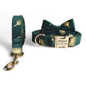 Golden Leaves Personalized Collar and Leash | Gold Leaf Engraved Dog Collar, Leash and Bow Tie | Green and Gold Dog Collar and Lead Set