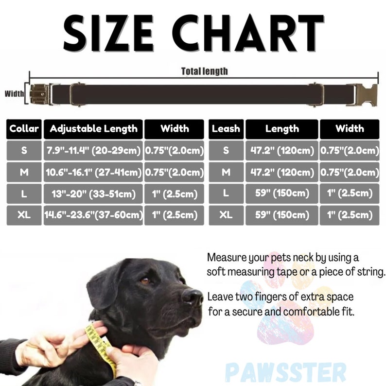 Puede incluir: Tabla de tallas para collares y correas para perros. La tabla muestra las longitudes ajustables en pulgadas y cent&iacute;metros, as&iacute; como los anchos en pulgadas y cent&iacute;metros. La tabla tambi&eacute;n incluye las longitudes de la correa en pulgadas y cent&iacute;metros. La tabla est&aacute; etiquetada con las tallas S, M, L y XL. La imagen tambi&eacute;n muestra un perro Labrador Retriever negro con una cinta m&eacute;trica alrededor del cuello.