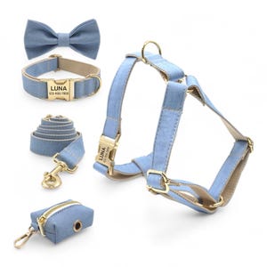 Personalized Denim Jeans Harness Collar Leash Bow Tie Poo Bag Set | Personalised Dog Harness with Leash | Matching Dog Collar Leash Harness