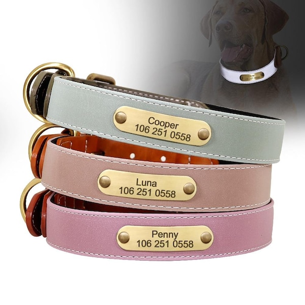 Reflektierendes Leder Personalisiertes Hundehalsband - Reflektierendes personalisiertes Hundehalsband Leder Hundehalsbänder - Sicherheitshalsband aus Leder für Hunde