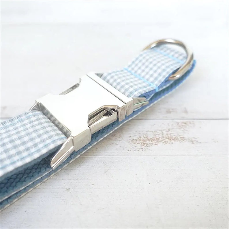 Op de afbeelding: Een lichtblauwe en witte gingham hondenriem met een zilveren gesp en een zilveren D-ring.