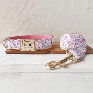 Purple Flowers Personalized Dog Collar and Leash - Pink Girl Dog Collar and Leash - Cute Floral Dog Collar Lead and Bow Tie - Flower Collar