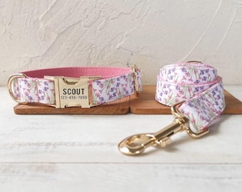 Purple Flowers Personalized Dog Collar and Leash - Pink Girl Dog Collar and Leash - Cute Floral Dog Collar Lead and Bow Tie - Flower Collar