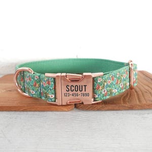 Green Floral Personalized Dog Collar and Leash - Personalised Dog Collar & Leash - Cute Color Collar - Flower Dog Collar Leash and Bow Tie