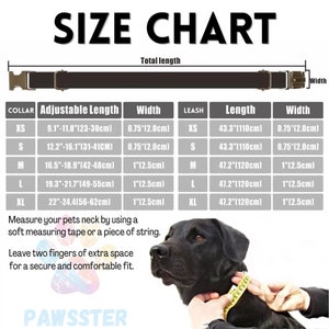 Puede incluir: Tabla de tallas para collares y correas para perros. La tabla muestra las longitudes y anchuras ajustables en pulgadas y cent&iacute;metros para diferentes tallas: XS, S, M, L y XL. Se muestra un perro negro con una cinta m&eacute;trica alrededor del cuello.