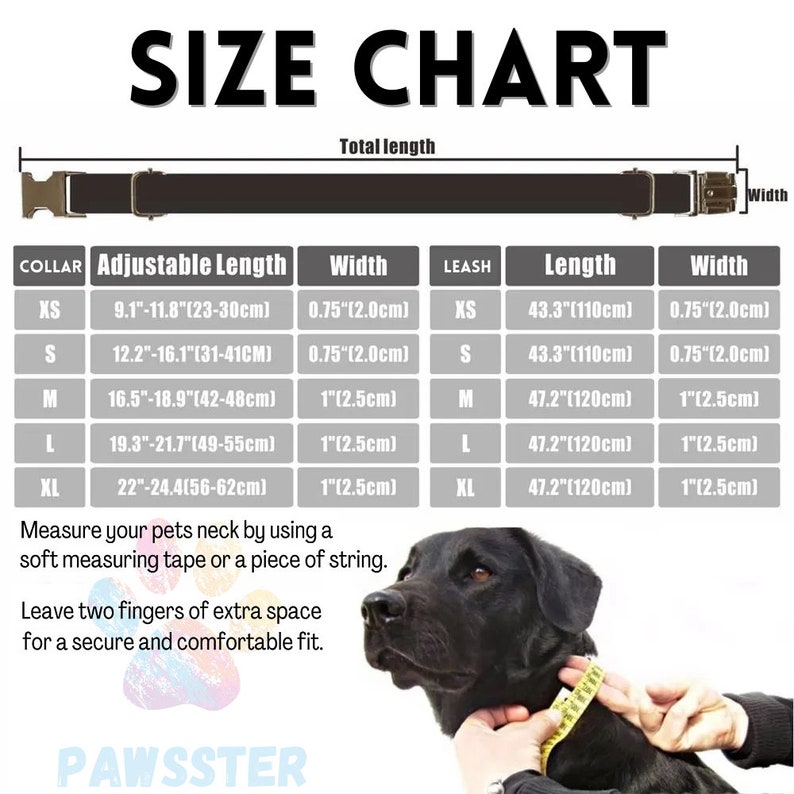 Puede incluir: Tabla de tallas para collares y correas para perros. La tabla muestra las longitudes y anchuras ajustables en pulgadas y cent&iacute;metros para diferentes tallas: XS, S, M, L y XL. Se muestra un perro negro con una cinta m&eacute;trica alrededor del cuello.
