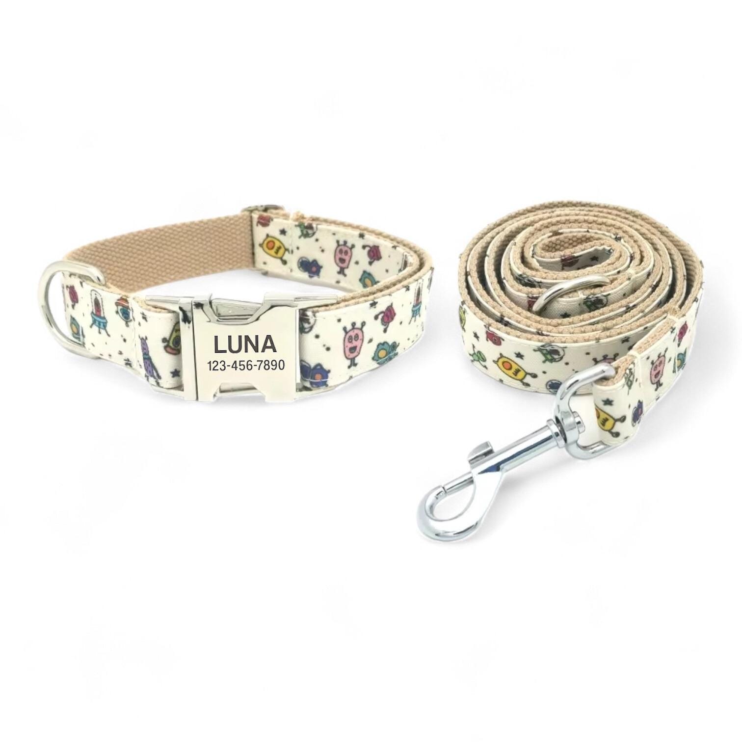Aliens Personalisiertes Hundehalsband und Leine - Weltraum Hundehalsband und passende Leine - Süßes UFO Hund Hundehalsband Set - Planeten Aliens Thema