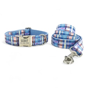 Blaues Madras Karo Hundehalsband und Leine - Blaues Tartan Karo Hundehalsband und Leine - Blaues Karomuster Hundehalsband und Fliege