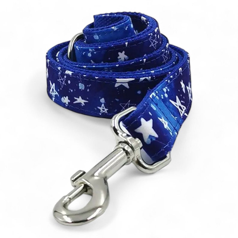 May include: A blue dog leash with a white star pattern and a silver clip.
