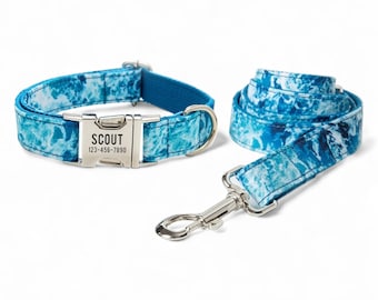 Collar y correa personalizados con ondas azules - Collar y correa grabados - Collar personalizado con ondas azules - Collar grabado con ondas oceánicas
