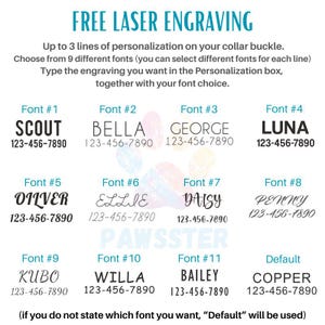 May include: A chart showing 11 different font styles for engraving on a collar buckle. The fonts are labeled with numbers 1 through 11 and include names like Scout, Bella, George, Luna, Oliver, Ellie, Daisy, Penny, Kubo, Willa, and Bailey. The chart also includes a default font option labeled "Copper".