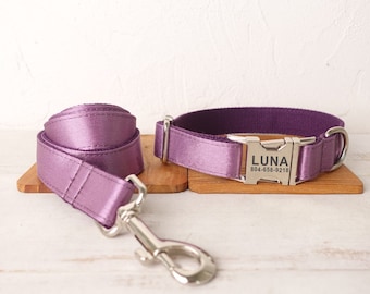 Shiny Purple Personalized Dog Collar and Leash - Personalised Dog Collar and Leash - Customised Dog Collar