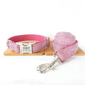 Pink Purple Tweed Personalized Dog Collar and Leash - Purple Engraved Dog Collar and Lead - Pink Girl Girly Dog Collar Leash and Bow Tie