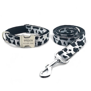 Cow Print Personalized Dog Collar and Leash - Moo Cows Engraved Dog Collar & Lead - Dalmatian Black and White Cow Skin Pattern Dog Collars