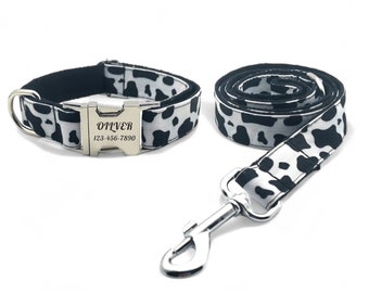 Cow Print Personalized Dog Collar and Leash - Moo Cows Engraved Dog Collar & Lead - Dalmatian Black and White Cow Skin Pattern Dog Collars