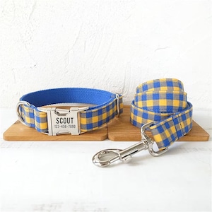 Blue & Yellow Check Plaid Personalized Dog Collar and Leash - Engraved Dog Collar and Matching Leash - Gingham Boy Dog Collar and Bow Tie