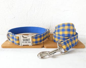 Blue & Yellow Check Plaid Personalized Dog Collar and Leash - Engraved Dog Collar and Matching Leash - Gingham Boy Dog Collar and Bow Tie