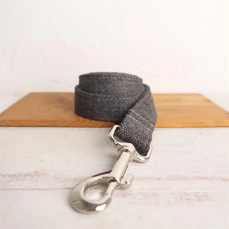 May include: A gray herringbone patterned dog leash with a silver metal clip.