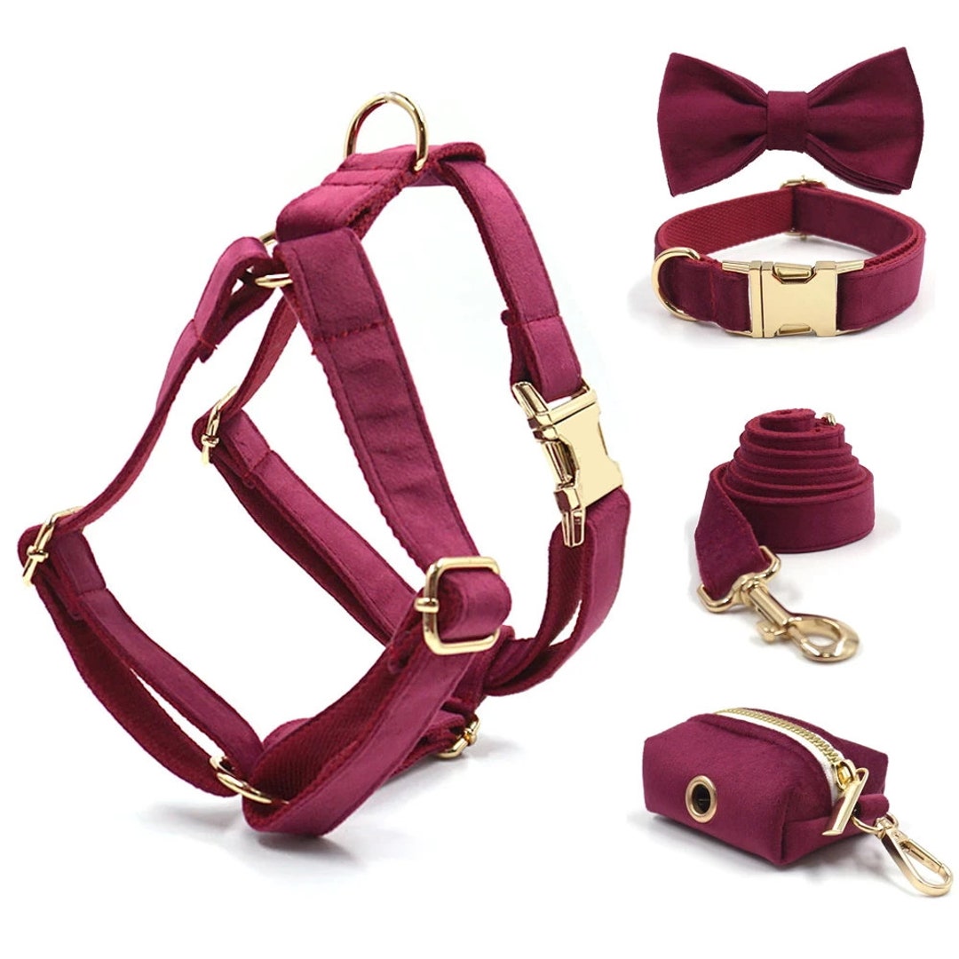 Personalized Burgundy Velvet Harness Collar Leash Bow Tie Set Red